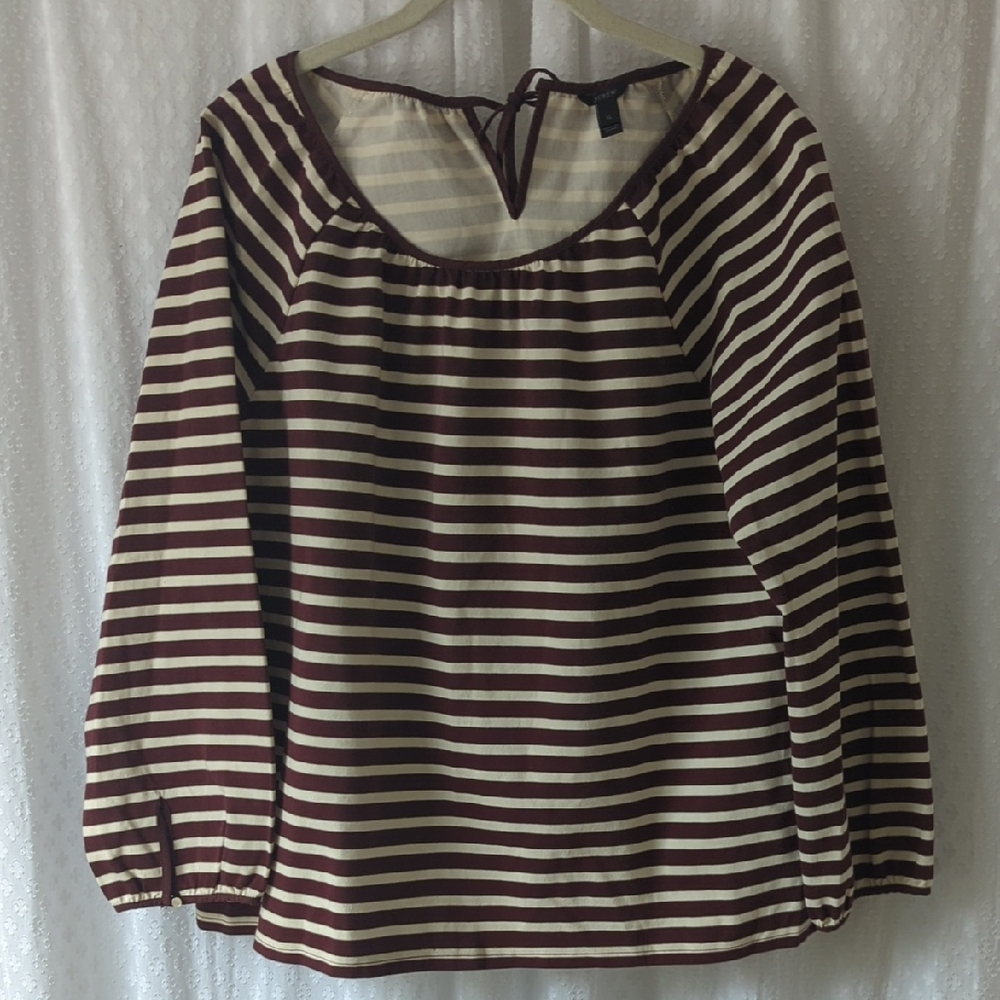 J. Crew Merlot & White Striped Long Sleeve Blouse XL
